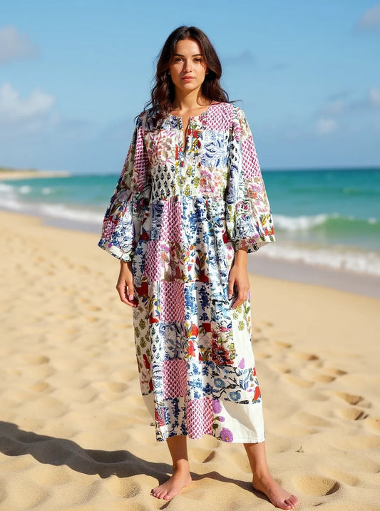 Boho Maxi Dress With Sleeves | Handmade Patchwork Long Flowy Beach Dress, One-of-a-kind Elegant Retro Outfit, Modest Gown with Pockets