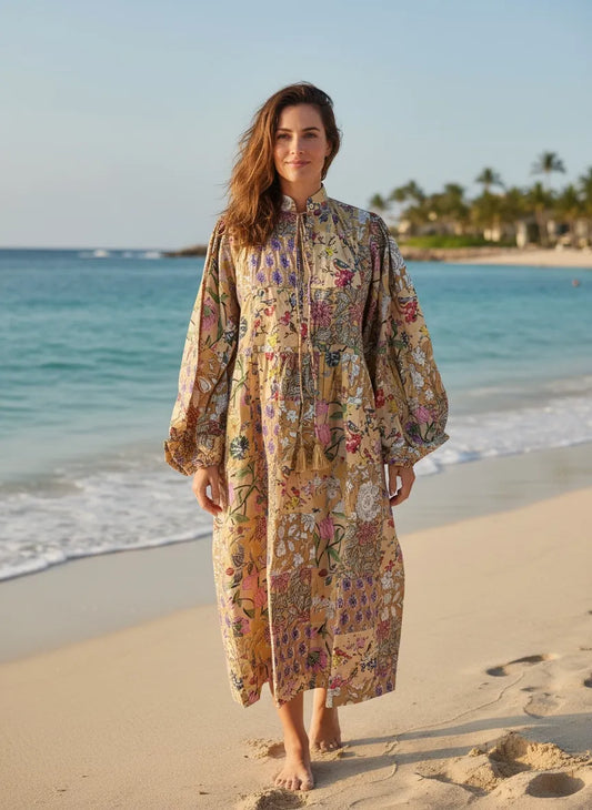Boho Maxi Dress With Sleeves | Handmade Patchwork Long Flowy Beach Dress, One-of-a-kind Elegant Retro Outfit, Modest Gown with Pockets