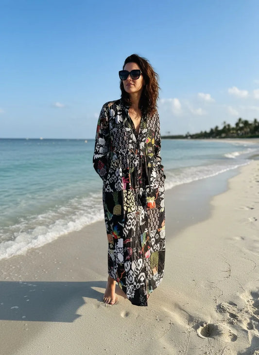 Boho Maxi Dress With Sleeves | Handmade Patchwork Long Flowy Beach Dress, One-of-a-kind Elegant Retro Outfit, Modest Gown with Pockets