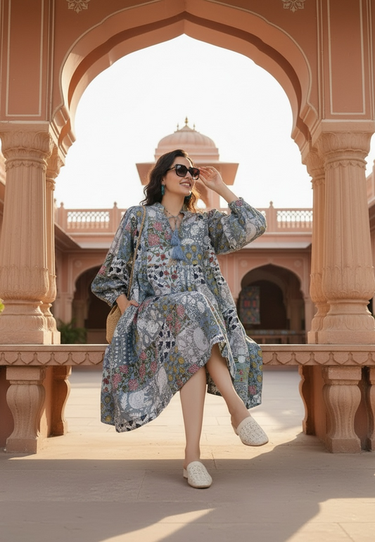 Boho Maxi Dress With Sleeves | Handmade Patchwork Long Flowy Beach Dress, One-of-a-kind Elegant Retro Outfit, Modest Gown with Pockets