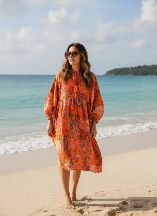 Boho Maxi Dress With Sleeves | Handmade Patchwork Long Flowy Beach Dress, One-of-a-kind Elegant Retro Outfit, Modest Gown with Pockets