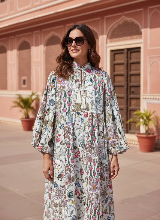 Boho Maxi Dress With Sleeves | Handmade Patchwork Long Flowy Beach Dress, One-of-a-kind Elegant Retro Outfit, Modest Gown with Pockets