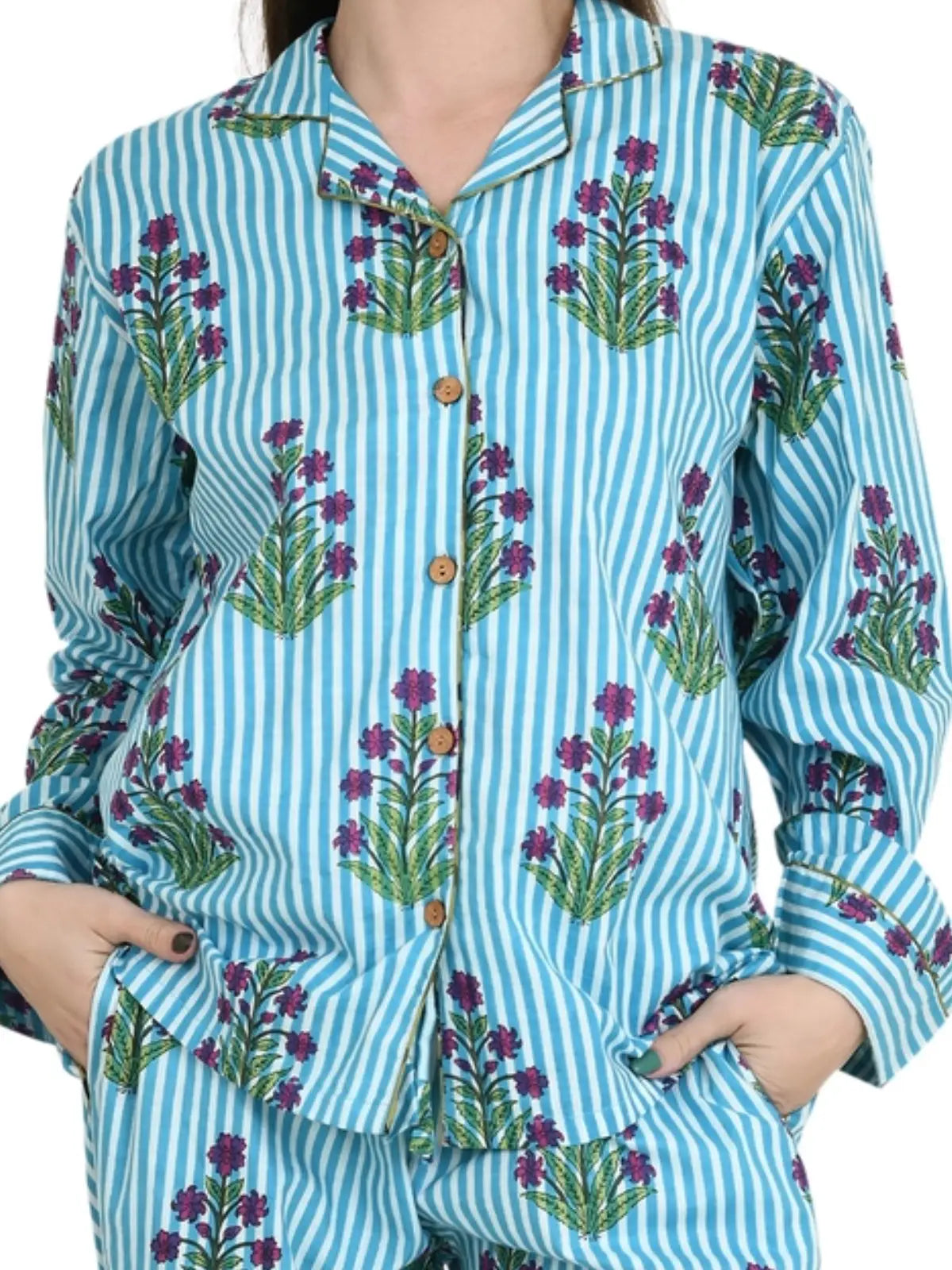 Pure Cotton PJ Set Night Shirt Panama Hand Block Printed Nightwear Spring Lounge Wear | Luxury Summer Lotus Floral Stripes Comfy Sleep Set