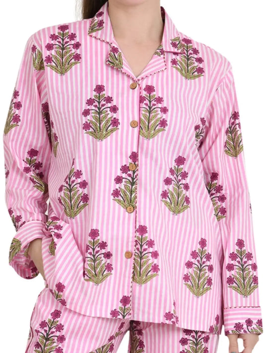 Ensemble pyjama en pur coton, chemise de nuit, Panama, bloc à main imprimé, vêtements de nuit, vêtements de salon de printemps | Ensemble de nuit confortable à rayures florales de lotus d'été de luxe