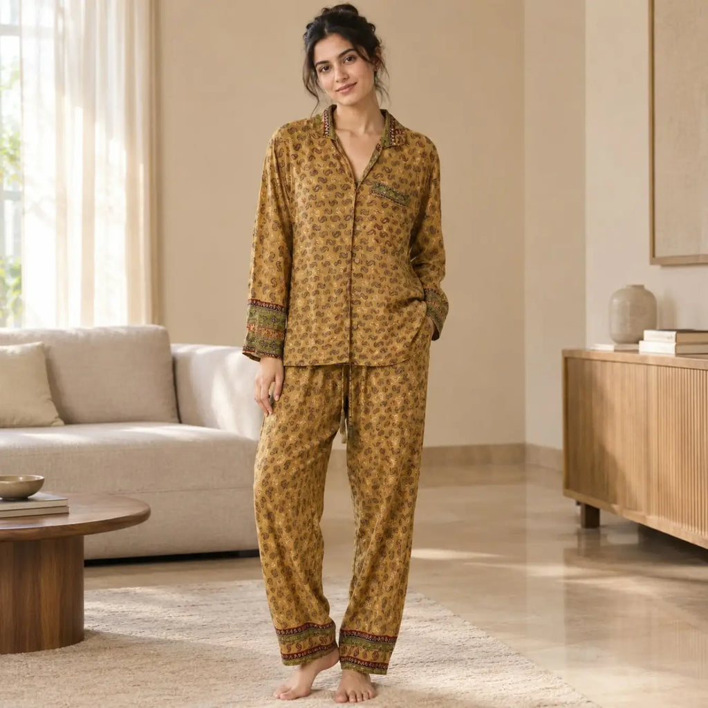 Recycled Sari Silk Blend Nightsuit, Short Sleeve Pajama Set with Side Pockets, Handmade Boho Sleepwear, Relaxed Fit, Gift for Her