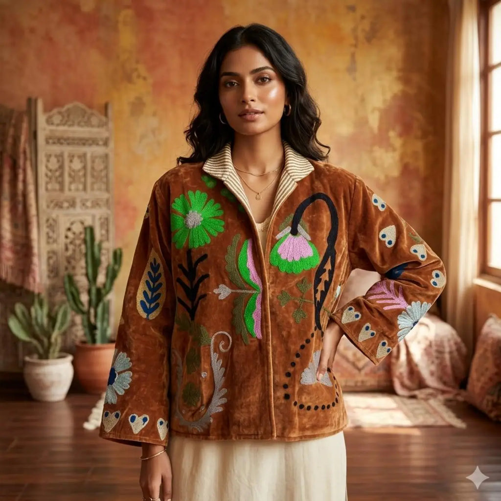 Boho Hand Embroidered Velvet Suzani Jacket, Brown Floral Open Front Coat Winter Wear Free Size Robe Retro Chic Free Size Robe Blazer for Her