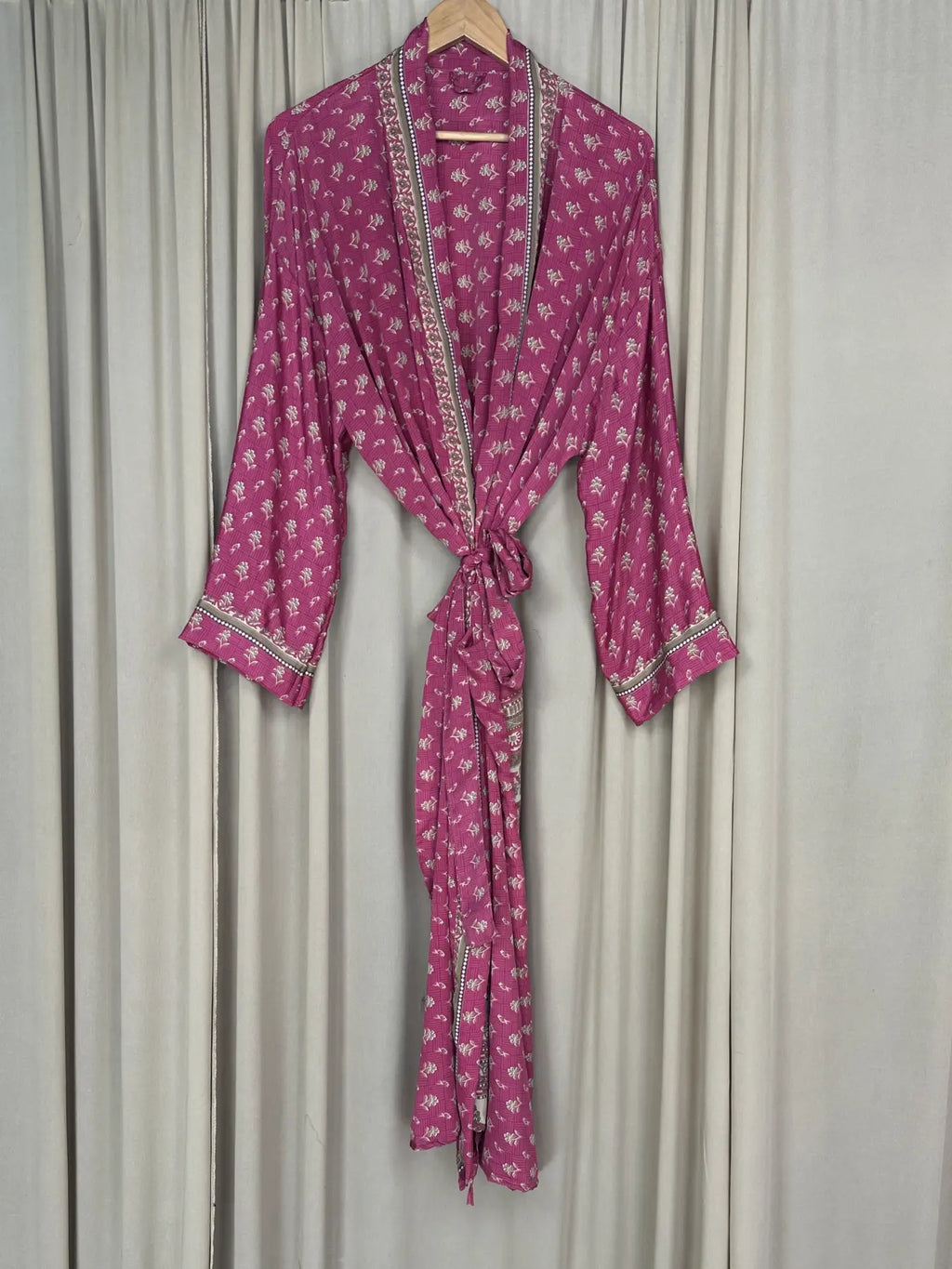 Women's Recycled Silk Kimono Robe in pink floral