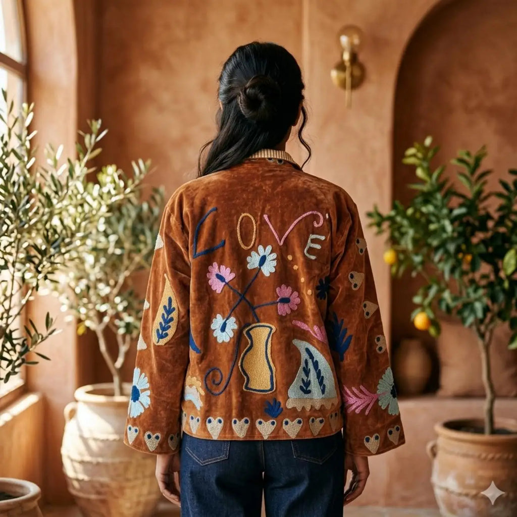 Boho Hand Embroidered Velvet Suzani Jacket, Brown Floral Open Front Coat Winter Wear Free Size Robe Retro Chic Free Size Robe Blazer for Her