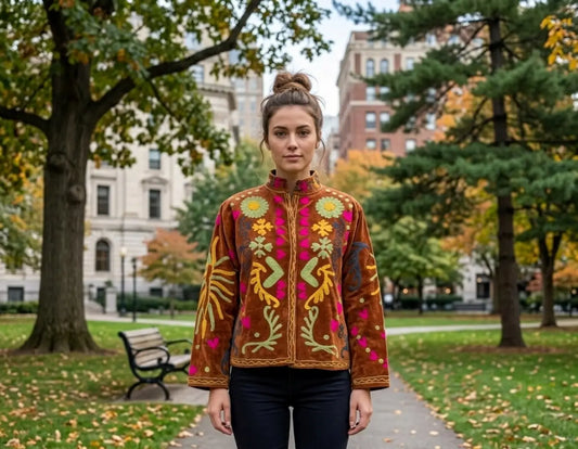 Boho Velvet Suzani Jacket Hand Embroidered | Open Front Coat Winter Wear Free Size Robe | Retro Chic smoking jacket — Blazer Gift for Her