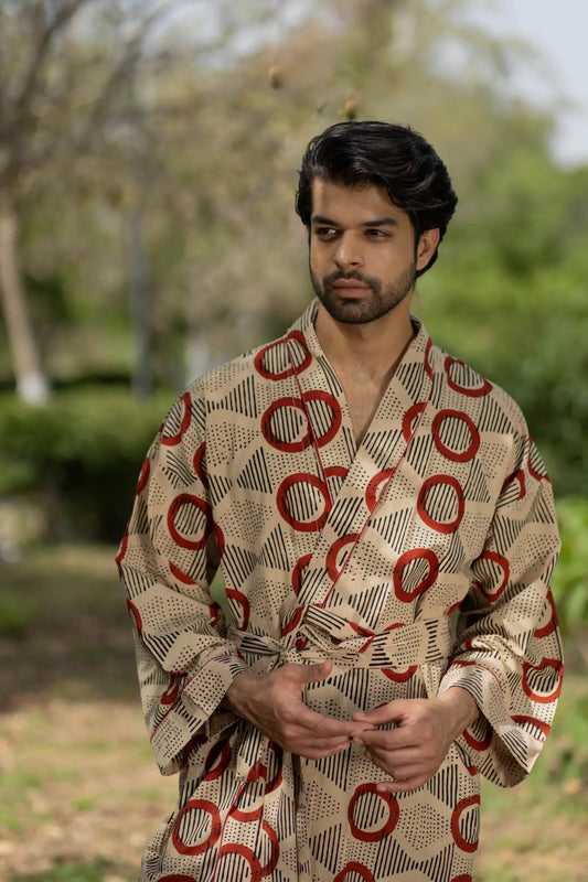 Pure Cotton Boho Men Kimono Robe | Geometric Luxury Dressing Gown Summer Loungewear, Onesie Unisex Bathrobe Relax Fit Beach Outfit Cardigan