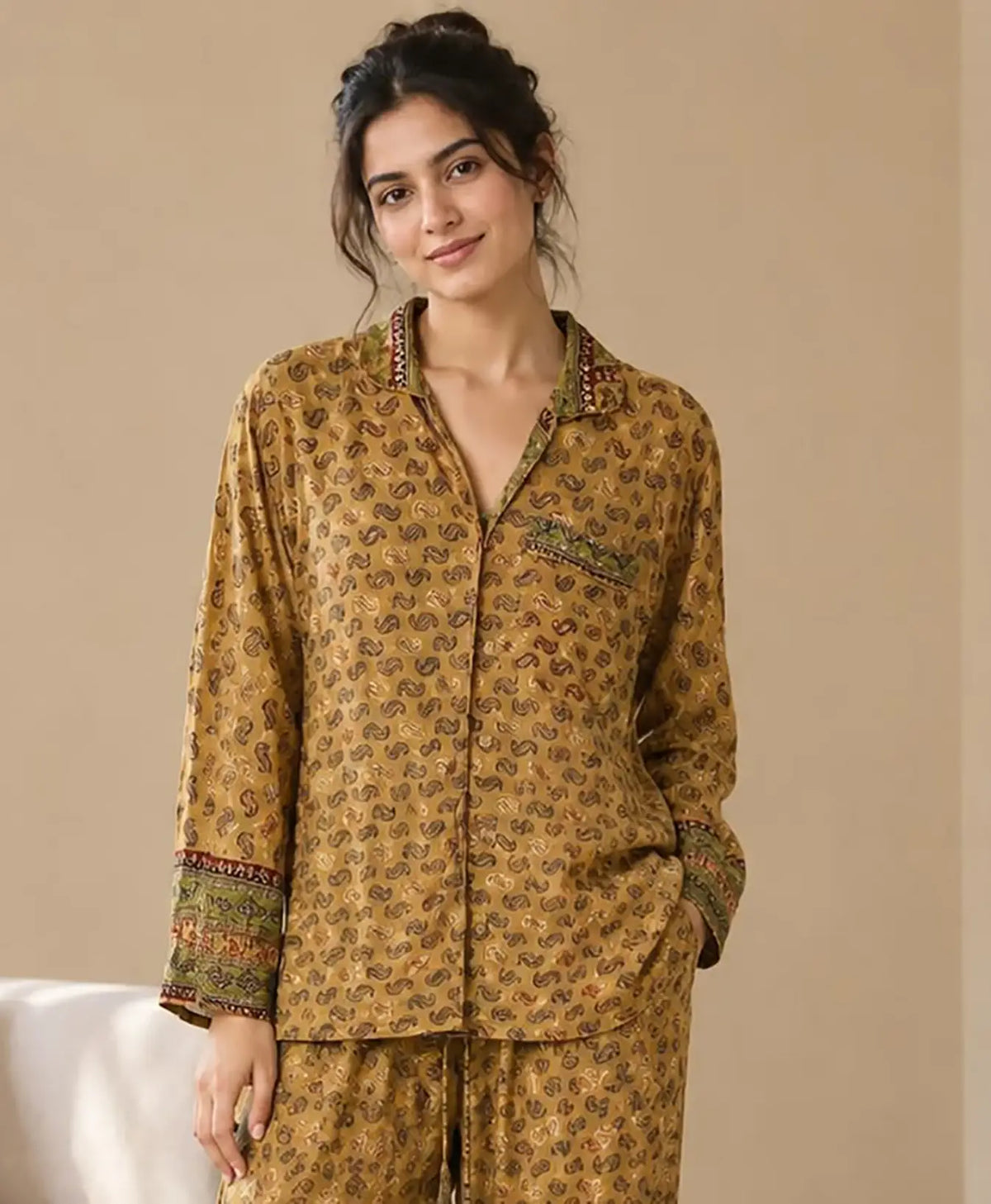 Recycled Sari Silk Blend Nightsuit, Short Sleeve Pajama Set with Side Pockets, Handmade Boho Sleepwear, Relaxed Fit, Gift for Her