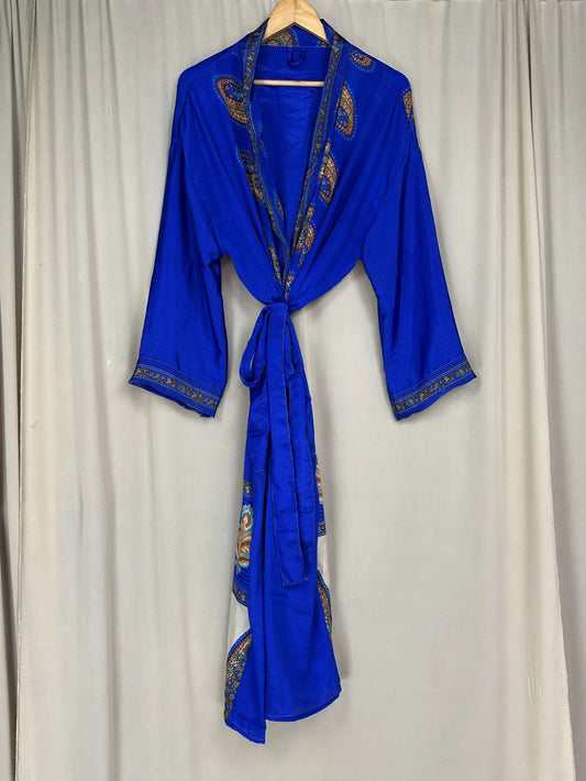 Recycle Silk Sari Women Kimono | Boho Chic Beach Cover Up Vintage Lounge Dressing Robe l Resort Wear Regal Gypsy House Robe | Blue Paisley