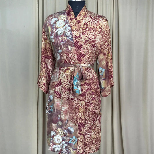 Vintage Silk Sari Boho Kimono | Luxury Loungewear House Robe Flowy Gown, Regal Floral Romance Duster Beach CoverUp, Bridesmaid Dressing Gown