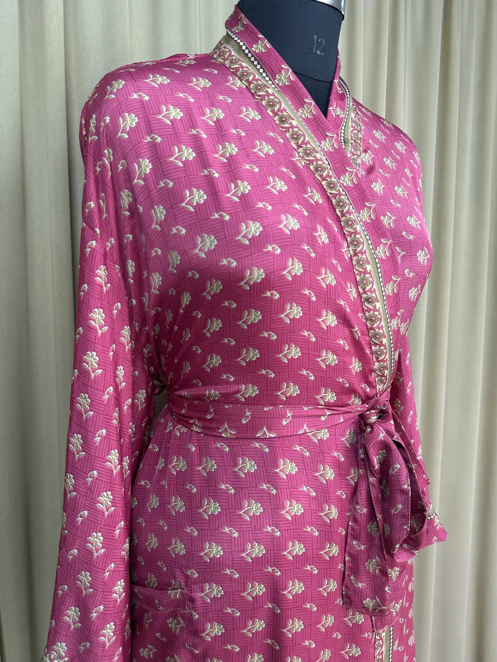 Women's Recycled Silk Kimono Robe in pink floral