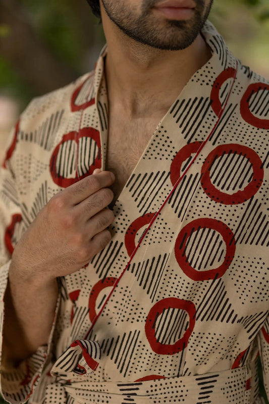 Pure Cotton Boho Men Kimono Robe | Geometric Luxury Dressing Gown Summer Loungewear, Onesie Unisex Bathrobe Relax Fit Beach Outfit Cardigan