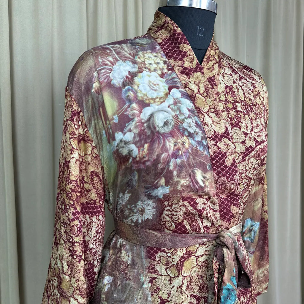Vintage Silk Sari Boho Kimono | Luxury Loungewear House Robe Flowy Gown, Regal Floral Romance Duster Beach CoverUp, Bridesmaid Dressing Gown