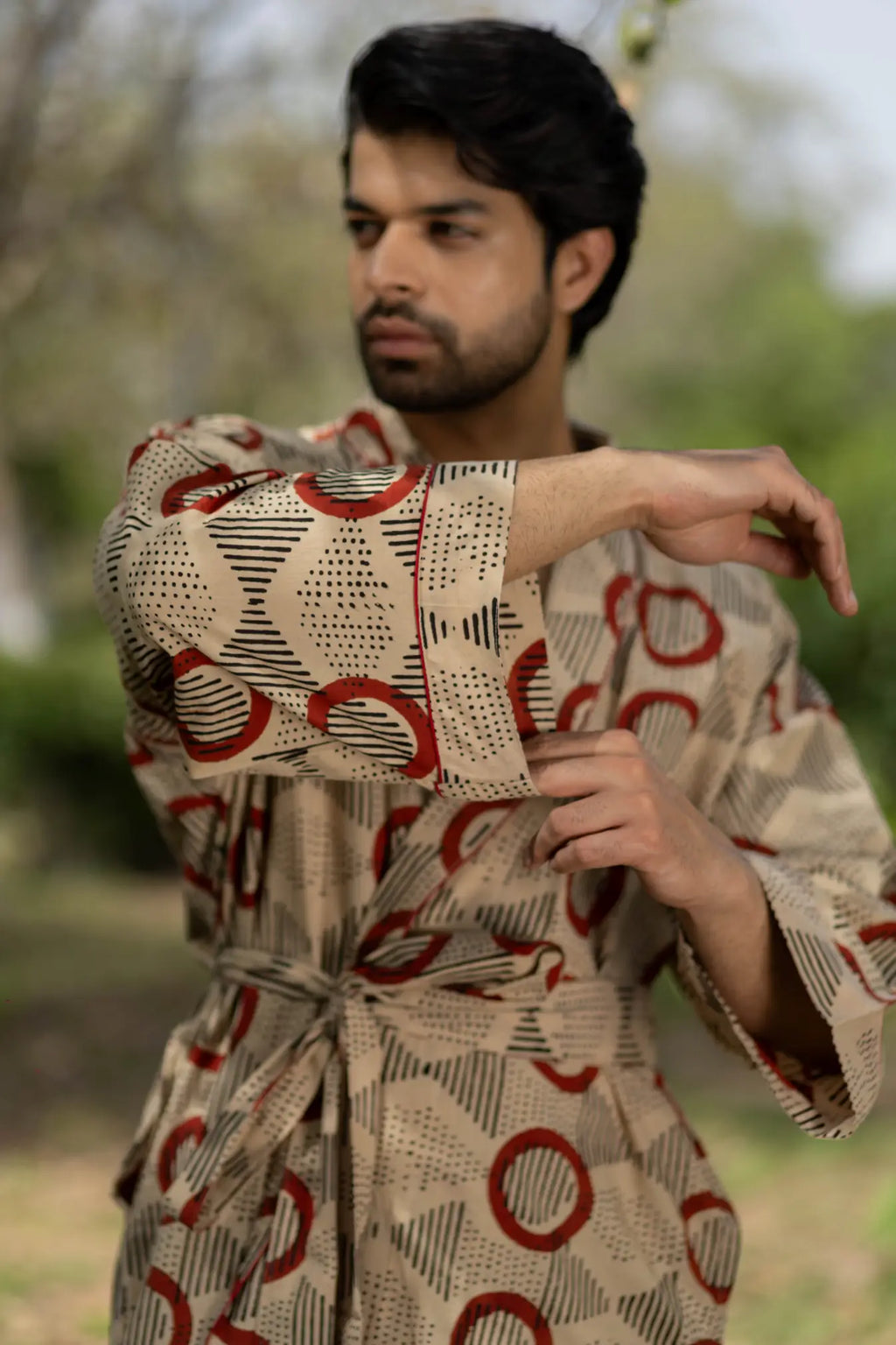 Pure Cotton Boho Men Kimono Robe | Geometric Luxury Dressing Gown Summer Loungewear, Onesie Unisex Bathrobe Relax Fit Beach Outfit Cardigan