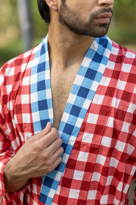 Pure Cotton Boho Mens Kimono Robe, Geometric Japan Haori, Breathable Bathrobe Men Dressing Gown Summer Relaxed Fit Loungewear, Beach Coverup