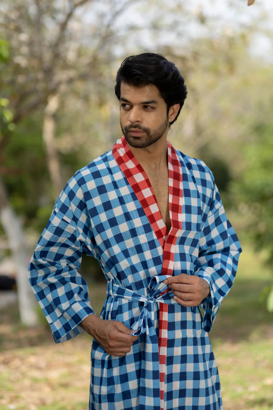 Pure Cotton Boho Men Kimono Robe | Geometric Luxury Dressing Gown Summer Loungewear, Reversible Unisex Bathrobe Relaxed Fit Beach Outfit