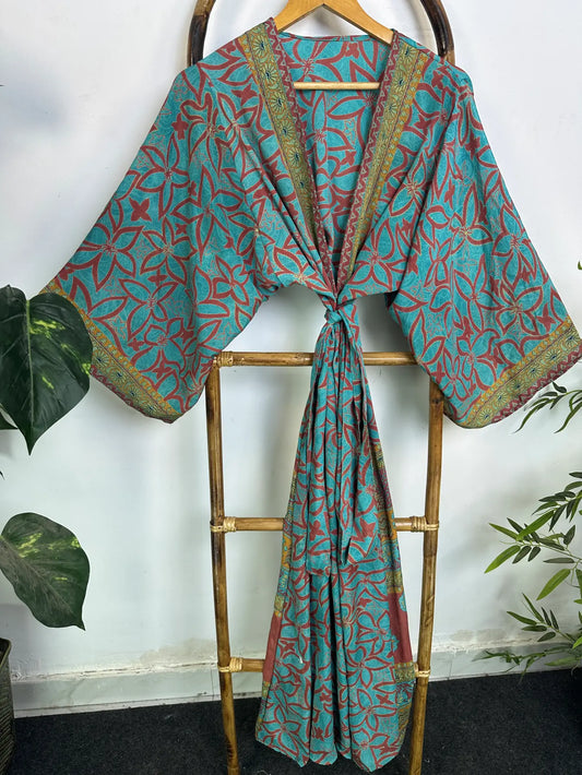 Upcycle Boho Silk Long Women kimono, Boho Chic Robe House Beach Cover Up Vintage Bridesmaid Lounge Dressing Gown Resort Wear Gypsy Nightwear