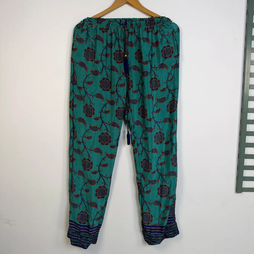Recycled Silk Sari Pajama Set, Handmade Silk Blend Sleepwear with Pockets, Button Down Top, Drawstring Pants, Boho Gift for Her