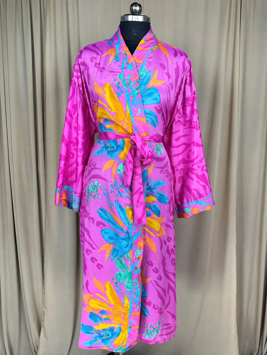 Recycle Silk Sari Women Kimono | Boho Chic Beach Cover Up Vintage Lounge Dressing Robe l Resort Wear Regal Gypsy House Robe | Pink Floral