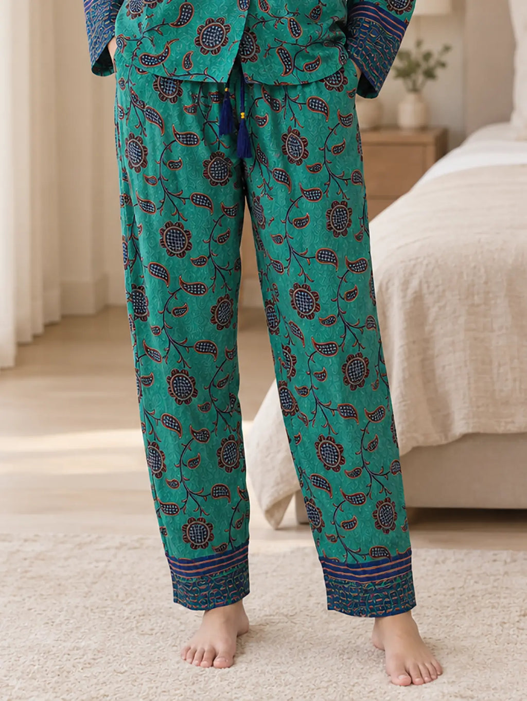 Recycled Silk Sari Pajama Set, Handmade Silk Blend Sleepwear with Pockets, Button Down Top, Drawstring Pants, Boho Gift for Her