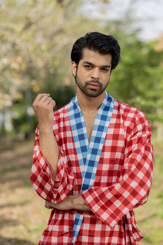 Pure Cotton Boho Men Kimono Robe | Geometric Luxury Dressing Gown Summer Loungewear, Reversible Unisex Bathrobe Relaxed Fit Beach Outfit