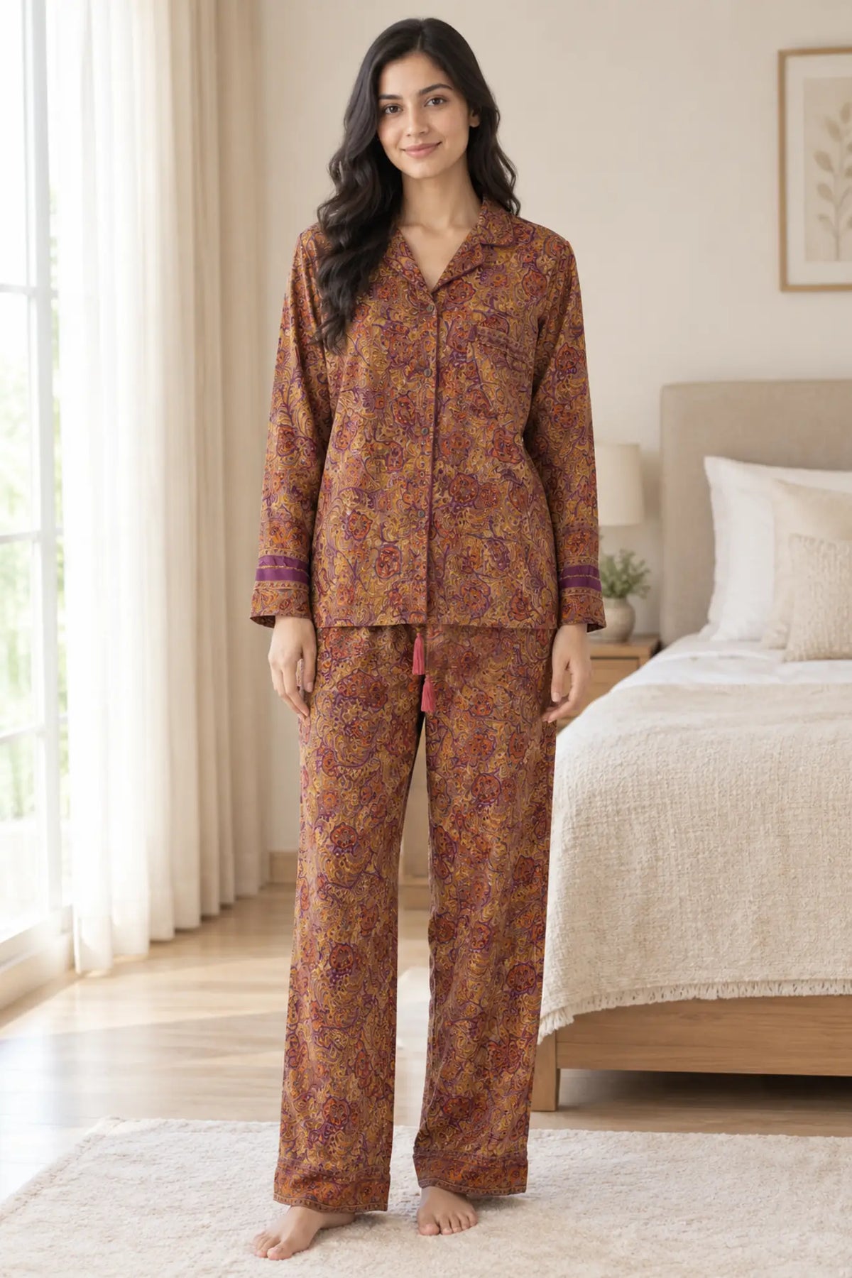 Boho Silk Sari Pajama Set, Colorful Handmade Loungewear for Women with Pockets, Short Sleeve Button Down Top, Drawstring Pants, Gift