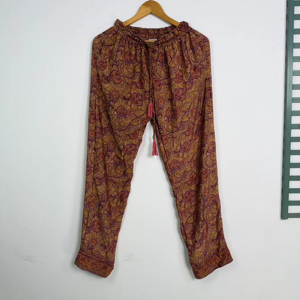 Boho Silk Sari Pajama Set, Colorful Handmade Loungewear for Women with Pockets, Short Sleeve Button Down Top, Drawstring Pants, Gift