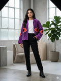 Boho Hand Embroidered Velvet Suzani Jacket | Purpel Geometric Open Front Coat Winter Wear Free Size Retro Chic Free Size Robe Blazer for Her