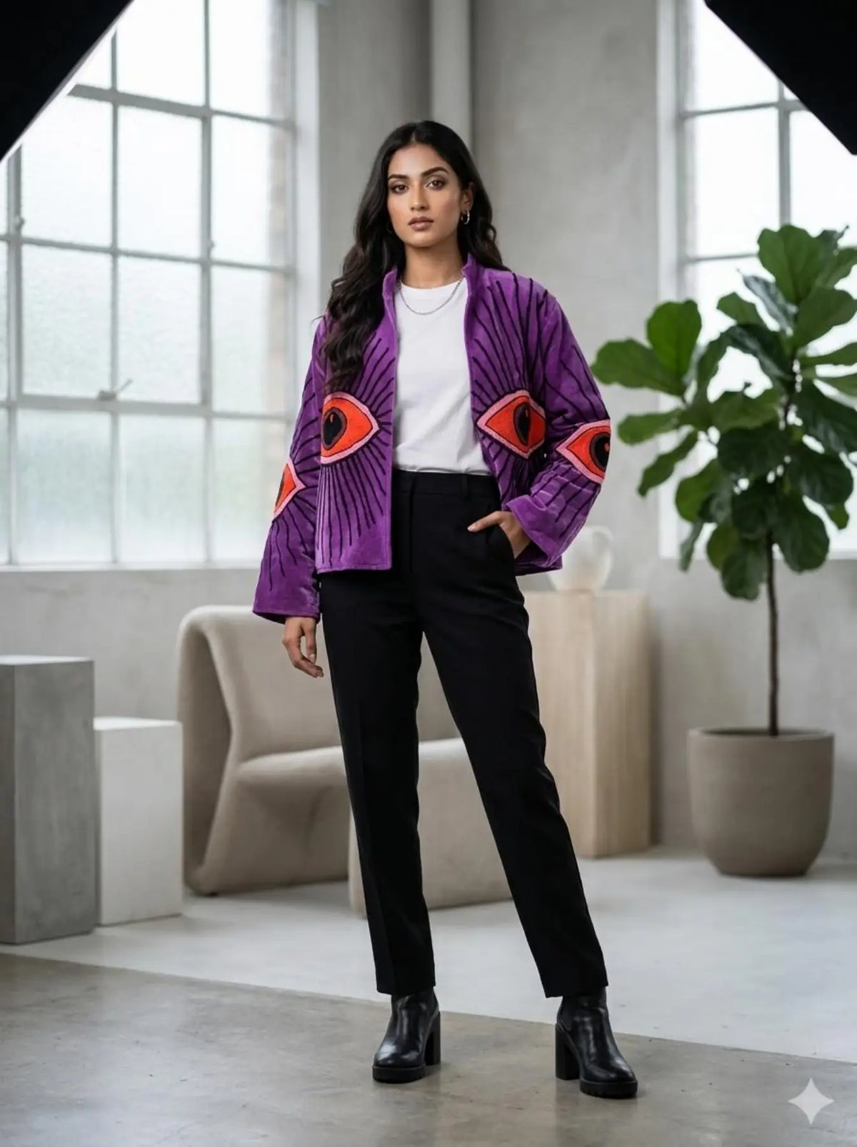 Boho Hand Embroidered Velvet Suzani Jacket | Purpel Geometric Open Front Coat Winter Wear Free Size Retro Chic Free Size Robe Blazer for Her