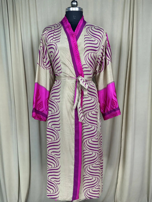 Recycle Silk Sari Women Kimono, Boho Chic Beach Cover Up Vintage Lounge Dressing Robe  l Resort Wear Regal Gypsy House Robe Beige Geometric