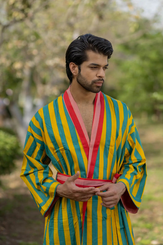 Pure Cotton Boho Men Kimono Robe | Geometric Luxury Dressing Gown Summer Loungewear, Reversible Unisex Bathrobe Relaxed Fit Beach Outfit