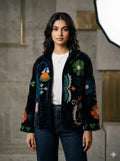 Boho Hand Embroidered Velvet Suzani Jacket, Black Floral Open Front Coat Winter Wear Free Size Robe Retro Chic Free Size Robe Blazer for Her