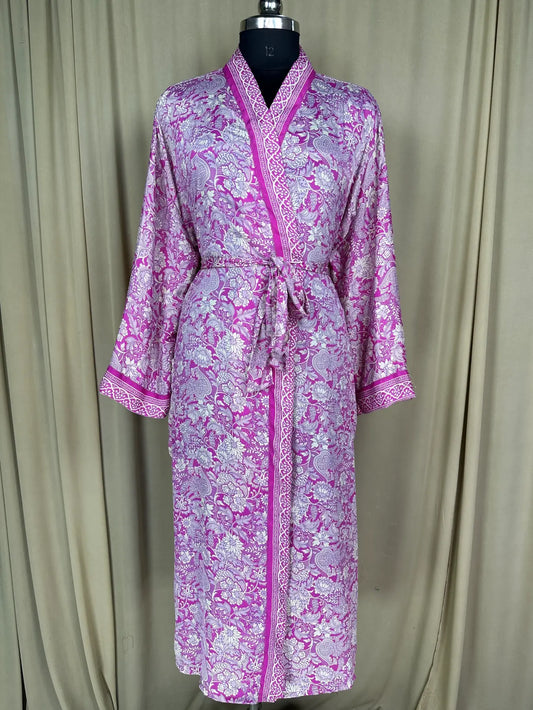 Recycle Silk Sari Women Kimono | Boho Chic Beach Cover Up Vintage Lounge Dressing Robe l Resort Wear Regal Gypsy House Robe | Pink Floral