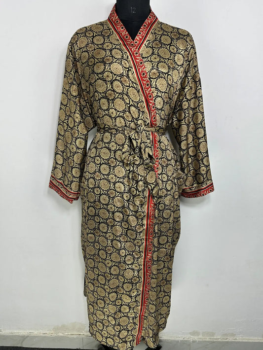 Recycle Silk Sari Women Kimono | Boho Chic Robe House | Beach Cover Up Vintage Bridesmaid Lounge Dressing Gown l Resort Wear Gypsy Nightwear