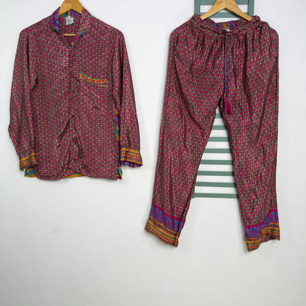 Silky Nightwear Pajama Set, Recycled Sari Silk Blend Luxury Lounge Set, Button Down Top, Drawstring Pants with Side Pockets, Gift