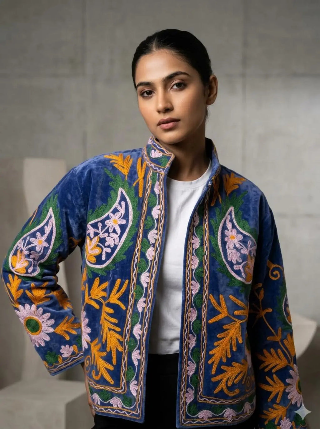 Women's Suzani embroidered Velvet Jacket in blue floral