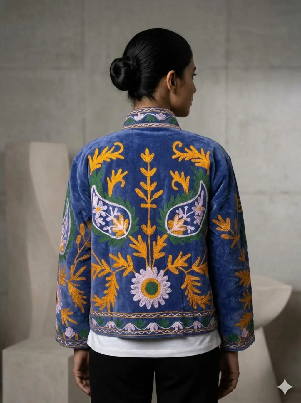 Women's Suzani embroidered Velvet Jacket in blue floral