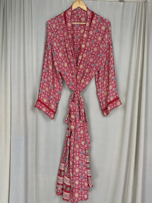 Recycle Silk Sari Women Kimono | Boho Chic Beach Cover Up Vintage Lounge Dressing Robe l Resort Wear Regal Gypsy House Robe | Red Floral