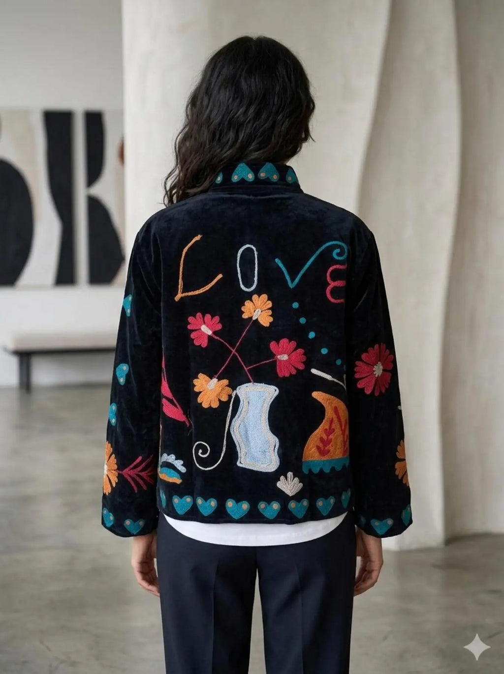 Women's Suzani embroidered Velvet Jacket in black floral