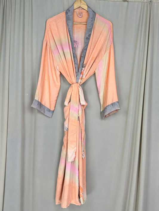 Recycle Silk Sari Women Kimono | Boho Chic Beach Cover Up Vintage Lounge Dressing Robe l Resort Wear Regal Gypsy House Robe | Orange Floral