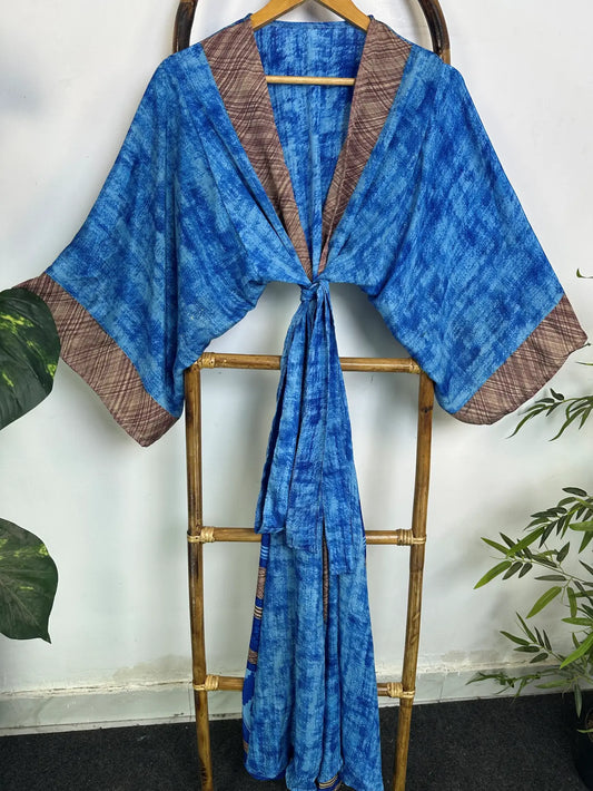 Upcycle Boho Silk Long Women kimono, Boho Chic Robe House Beach Cover Up Vintage Bridesmaid Lounge Dressing Gown Resort Wear Gypsy Nightwear
