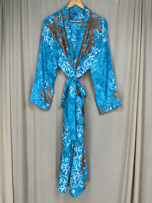 Recycle Silk Sari Women Kimono | Boho Chic Beach Cover Up Vintage Lounge Dressing Robe l Resort Wear Regal Gypsy House Robe | Blue Floral