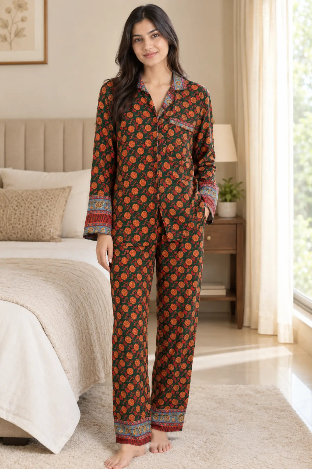 Women's Silk Blend Pajama Set, Recycled Sari Loungewear, Handmade Relaxation Gift, Birthday Gift for Her, Short Sleeve Top, Side Pockets