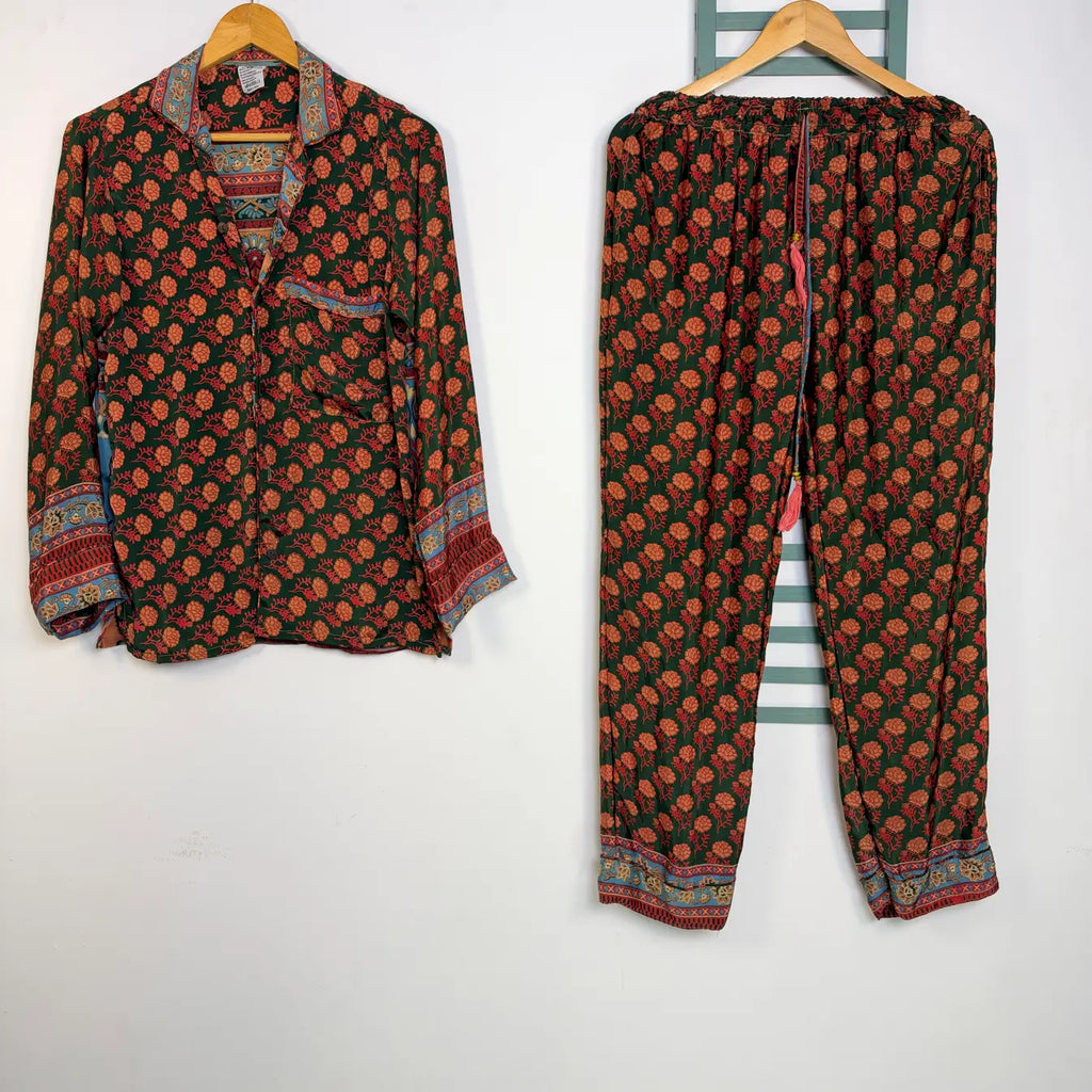 Women's Silk Blend Pajama Set, Recycled Sari Loungewear, Handmade Relaxation Gift, Birthday Gift for Her, Short Sleeve Top, Side Pockets