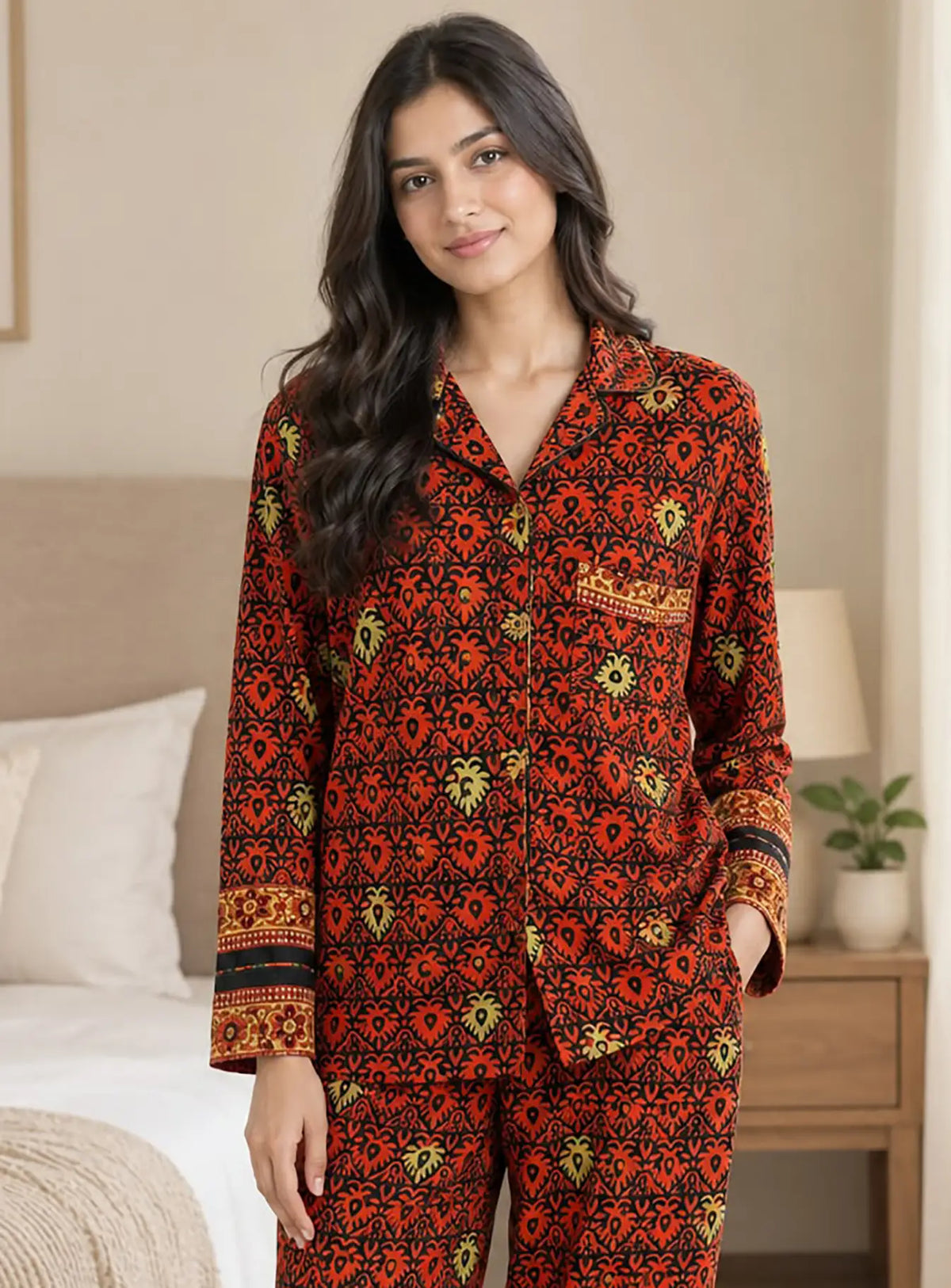 Recycled Silk Sari Pajama Set, Soft Handmade Nightwear, Valentine Gift for Her, Button Down Top, Drawstring Pants, Luxury Lounge Gift
