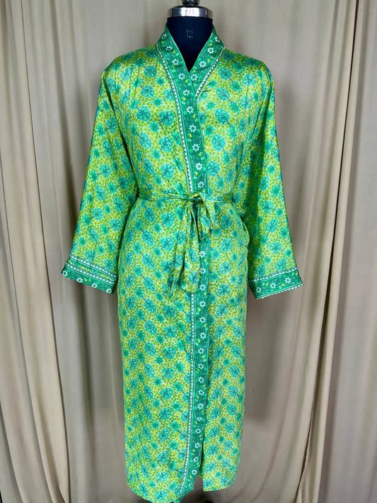 Recycle Silk Sari Women Kimono | Boho Chic Beach Cover Up Vintage Lounge Dressing Robe l Resort Wear Regal Gypsy House Robe | Yellow Floral