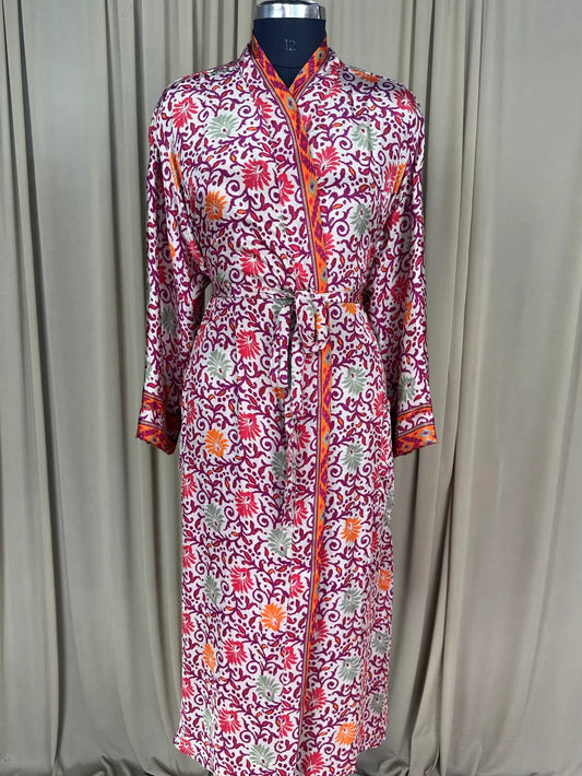 Recycle Silk Sari Women Kimono | Boho Chic Beach Cover Up Vintage Lounge Dressing Robe l Resort Wear Regal Gypsy House Robe | Pink Floral